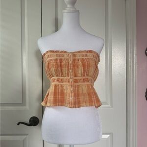 American Eagle Outfitters Orange Plaid Strapless Blouse